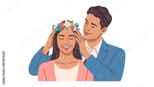 A Tender Floral Moment: A man gently places a delicate flower crown upon a woman's head, encapsulating a scene of love, care, and serenity.
