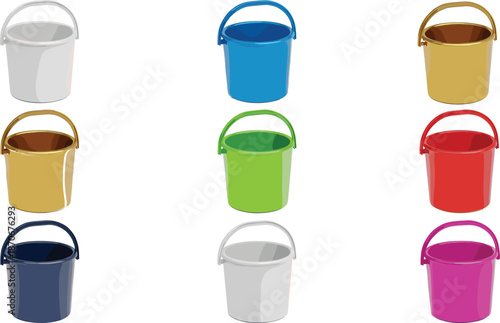 Colorful plastic bucket vector illustration set with handles in multiple colors isolated on white background