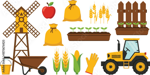 Farm and agriculture vector illustration set with windmill, crops, tractor, seedlings, tools, and rural farming elements isolated