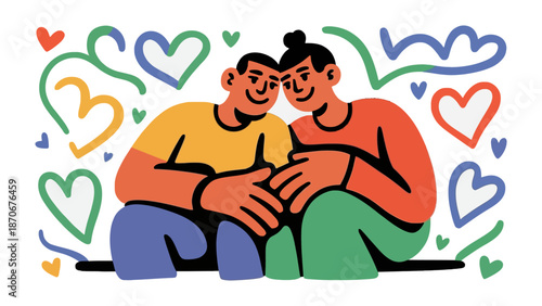 Illustrated Embrace of Love: A heartfelt illustration portrays a couple sharing a tender moment, surrounded by expressions of love, connection, and affection. 