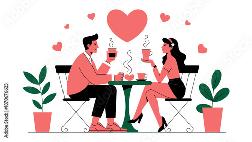 Couple's Coffee Date: An animated couple shares an intimate moment at a cafe, surrounded by hearts, drinking coffee.