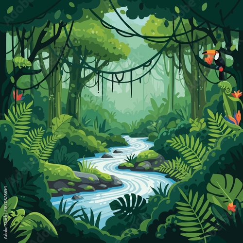 Lush tropical rainforest scene with vibrant foliage and a flowing river surrounded by lush greenery 