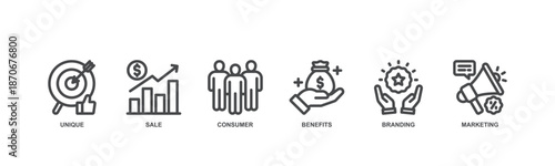 USP concept icon illustration contain unique, sale, consumer, benefits, branding and marketing.