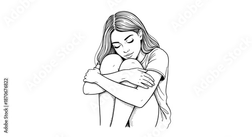 Woman sitting with eyes closed hugging knees, line art style