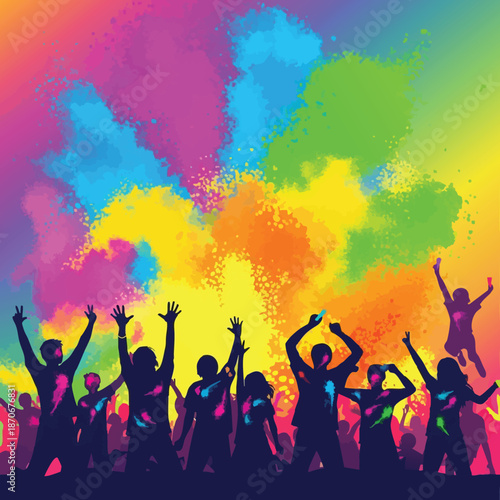 Colorful celebration scene with joyful people enjoying a vibrant festival atmosphere filled with splashes of color and excitement 