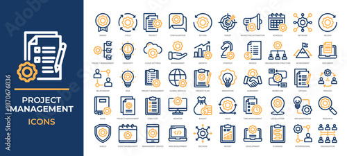 Project Management icons collection set covering planning, workflow, teamwork, productivity tools and more. Perfect for business strategy, scheduling, reports, organization systems and more.