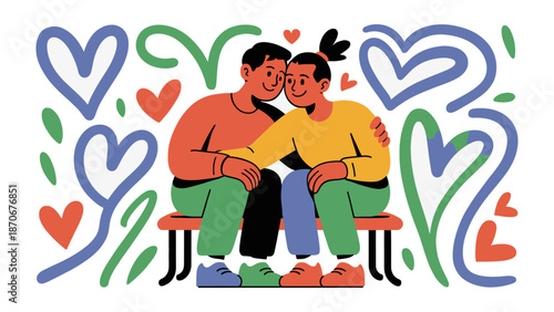 Embracing Love and Connection:  A depiction of two individuals embracing, surrounded by hearts and natural elements, showcasing affection and tenderness.