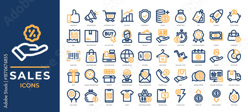 Sales icons set collection featuring shopping, discounts, money, promotion elements and more. Perfect for e-commerce apps, marketing designs, online store dashboards and more.