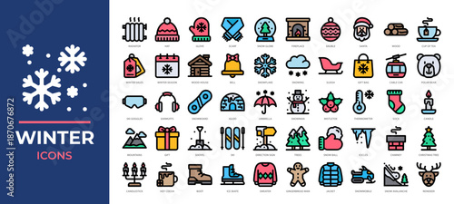 Winter season icons set collection featuring snow, clothing, holidays, cozy elements and more. Perfect for Christmas designs, seasonal marketing, festive illustrations and more.