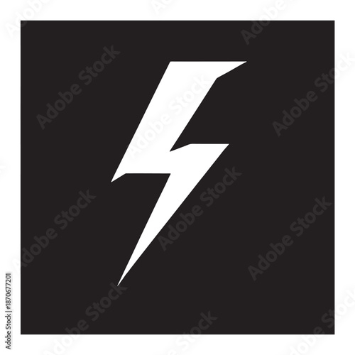 Bold white lightning bolt icon on black square symbolizing electricity and power technology.