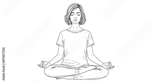 Woman meditating in lotus position, eyes closed, line art style