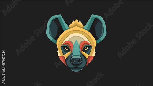 Artistic hyena portrait with vibrant colors and geometric shapes on dark background.