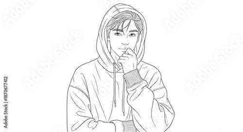 Young man in hoodie thinking with hand on lips, line art style