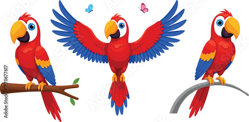 Colorful cartoon parrot characters perched and flying with vibrant feathers, playful expressions, and tropical bird illustration elements