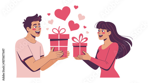 Exchange of Affection: A scene of mutual generosity unfolds as a pair joyfully exchanges gifts, with hearts floating in the air, symbolizing their heartfelt bond. 