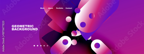 Abstract website header design. Vibrant purple, pink hues dominate. Geometric shapes create dynamic background. Navigation visible.