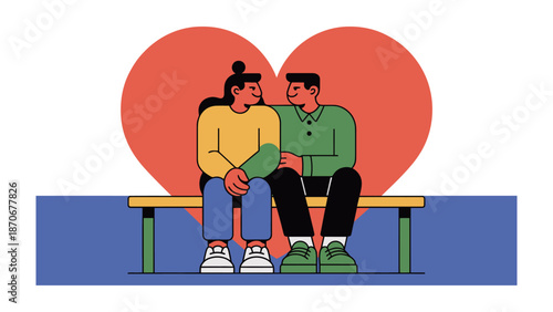 Romantic Serenity: A couple finds solace in their bond, nestled on a park bench before a heart, epitomizing love and connection in a moment of tender intimacy.
