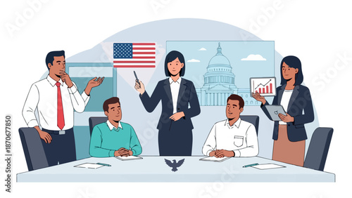 Diverse group of professionals in a business meeting discussing US politics.