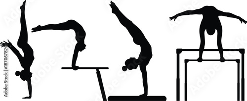 Gymnastics silhouettes female athlete performing handstand and balance exercises, artistic gymnastics training concept illustration isolated on white background