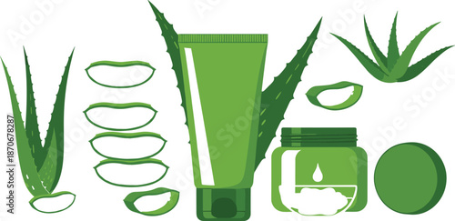 Aloe vera skincare set with gel, cream jar, sliced leaves, natural plant extracts, and herbal cosmetic illustration elements