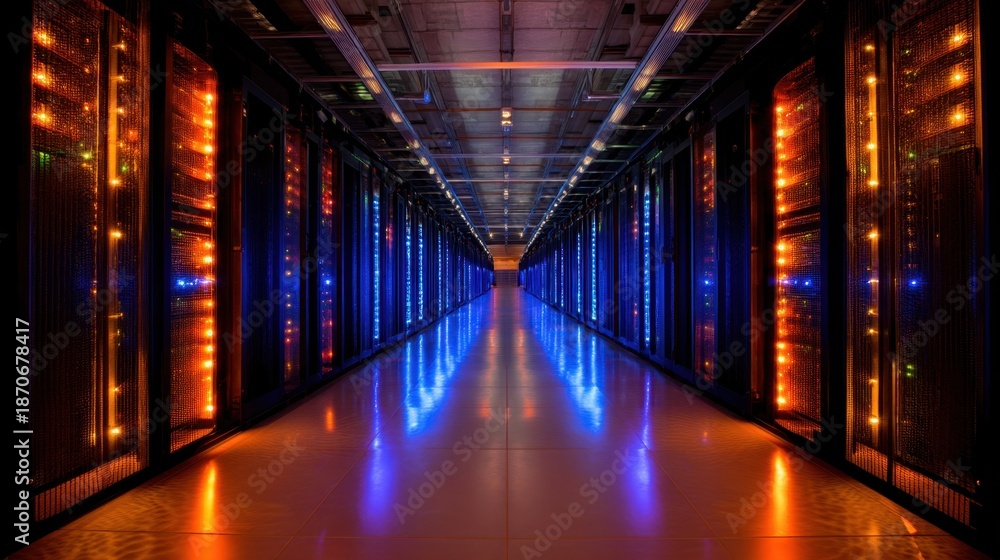 Fototapeta premium Bright lights from servers fill the hallway of a data center at night. The rows of machines create a vibrant backdrop in a tech focused environment.