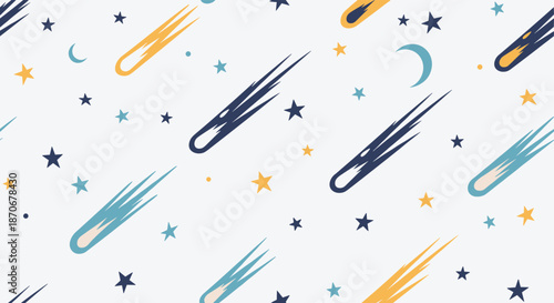 Seamless pattern of colorful comets stars and moons in a textured retro style for a cute cosmic or space-themed background.