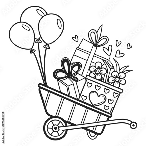 A small wheelbarrow is overloaded with wrapped presents, flowers, and three floating balloons, symbolizing celebration.