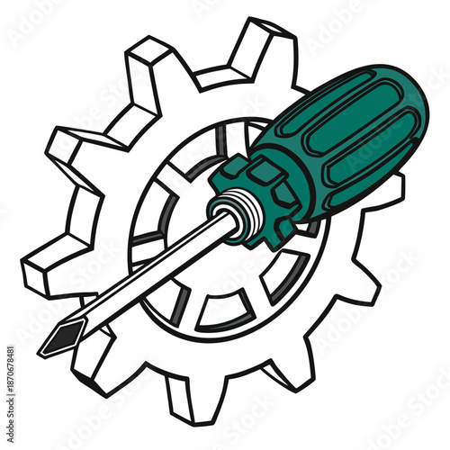 Screwdriver with a green handle rests across the teeth of a large outline gear representing mechanics or maintenance.