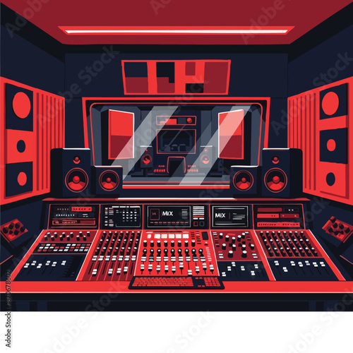 Music production studio with vibrant red and black colors showcasing audio equipment and mixing console for creative sound design 