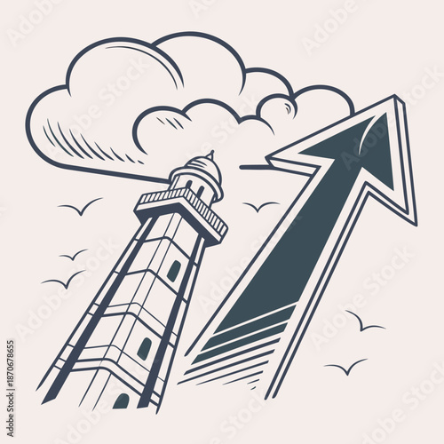 Lighthouse tower stands proudly beneath a large upward trajectory arrow and stylized clouds, suggesting guidance toward success or high goals.