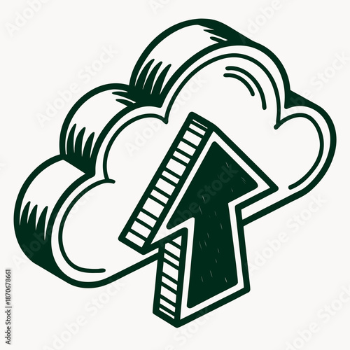 Cloud storage icon features an upward pointing arrow indicating a data upload or backup process in a simplified graphic style.