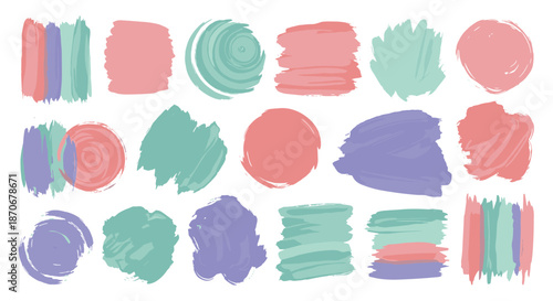 A vibrant set of abstract brush strokes and shapes in pastel colors for creating modern and artistic design backgrounds.