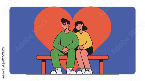 A couple's tender moment: A couple in love sits close together, sharing a quiet moment of tenderness against the backdrop of a red heart. The scene exudes warmth and affection.