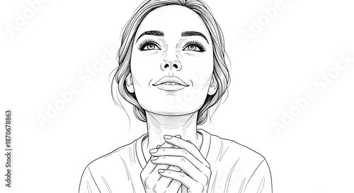 Woman looking up with hopeful expression in line art style