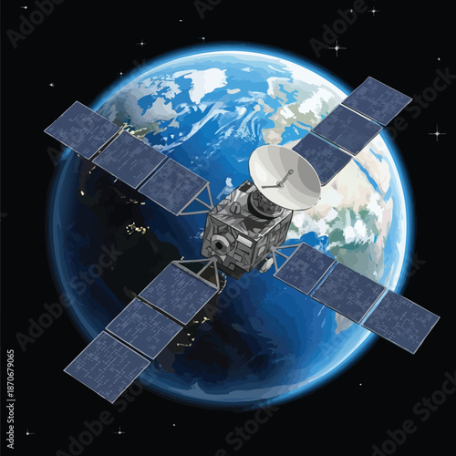 Satellite orbiting Earth with solar panels and communication dish in space view 