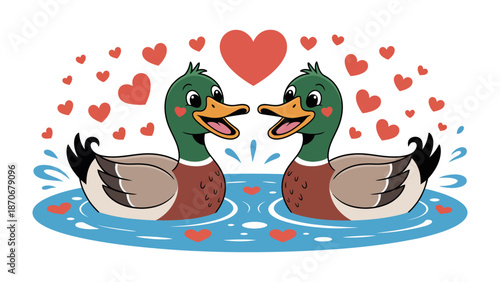Love's Lakeside Serenade: Two adorable ducks share a moment of affection, surrounded by floating hearts, evoking a scene of pure, innocent love and playful companionship.