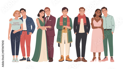 Diverse Ensemble of Relationships: A vibrant depiction of companionship unfolds as couples stand side by side, each showcasing a unique blend of style and emotion.
