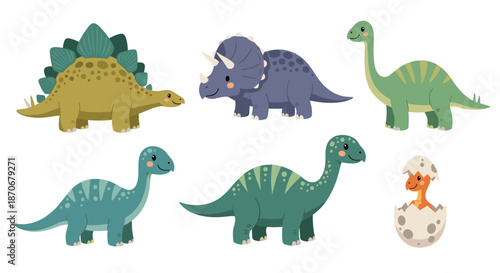 A cute collection of cartoon dinosaurs including Stegosaurus Triceratops and Brachiosaurus for children's illustrations and designs.