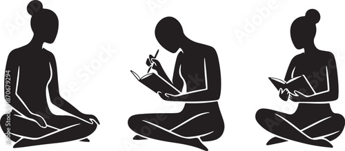 Silhouette of women meditating and writing in a journal