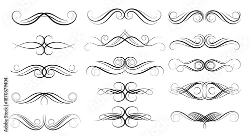 A large collection of vintage calligraphic dividers and page separators with elegant swirls and flourishes for text decoration.