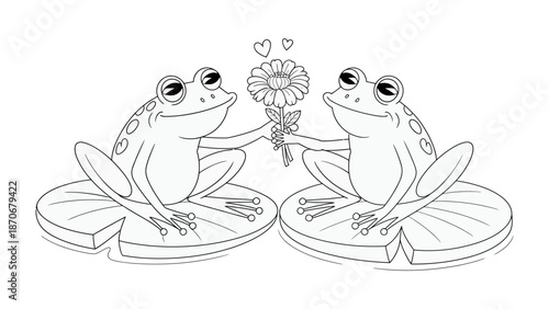 Romantic Frogs on Lily Pads: Two charming frogs, deeply in love, share a beautiful flower while sitting on lily pads. The scene is tender and full of affection, set against a simple background.