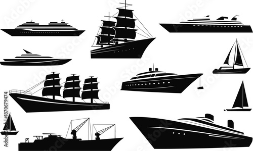 Ship and boat silhouettes collection including cruise ship yacht sailboat and cargo vessel, marine transportation illustration isolated on white background