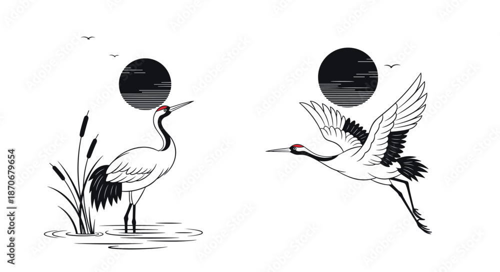 Obraz premium Elegant Japanese-style ink wash illustrations of red-crowned cranes standing and flying against a black sun backdrop.