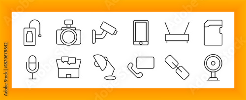 Communication and surveillance set icon. Includes microphones, cameras, routers, phones, lamps, folder, link, and connection devices for recording and visual monitoring
