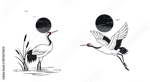 Elegant Japanese-style ink wash illustrations of red-crowned cranes standing and flying against a black sun backdrop.