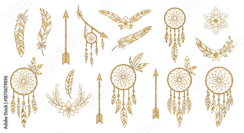 Bohemian collection of golden dreamcatchers feathers and arrows for creating mystical and tribal-themed decorative designs.