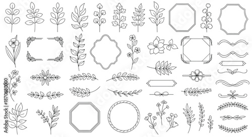 A large collection of hand-drawn botanical frames borders and dividers with a delicate dashed line style for rustic designs.