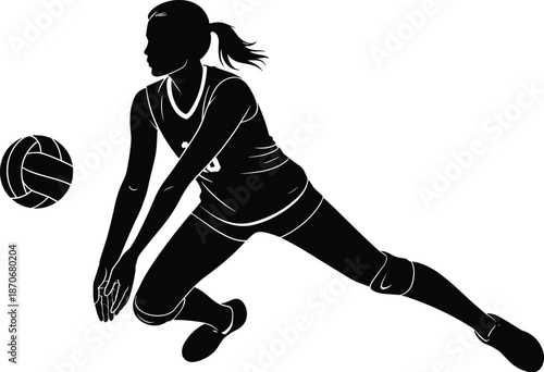Volleyball player silhouette performing defensive dig action, female athlete sports illustration isolated on white background, dynamic volleyball concept design