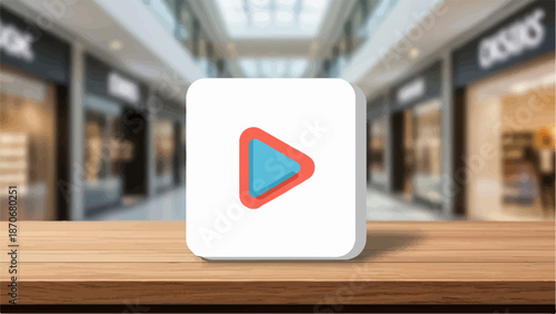 3D icon of a play button on a wooden table in front of a blurred shopping mall