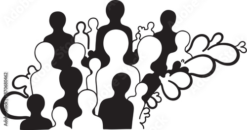 Silhouettes of people with speech bubbles talking